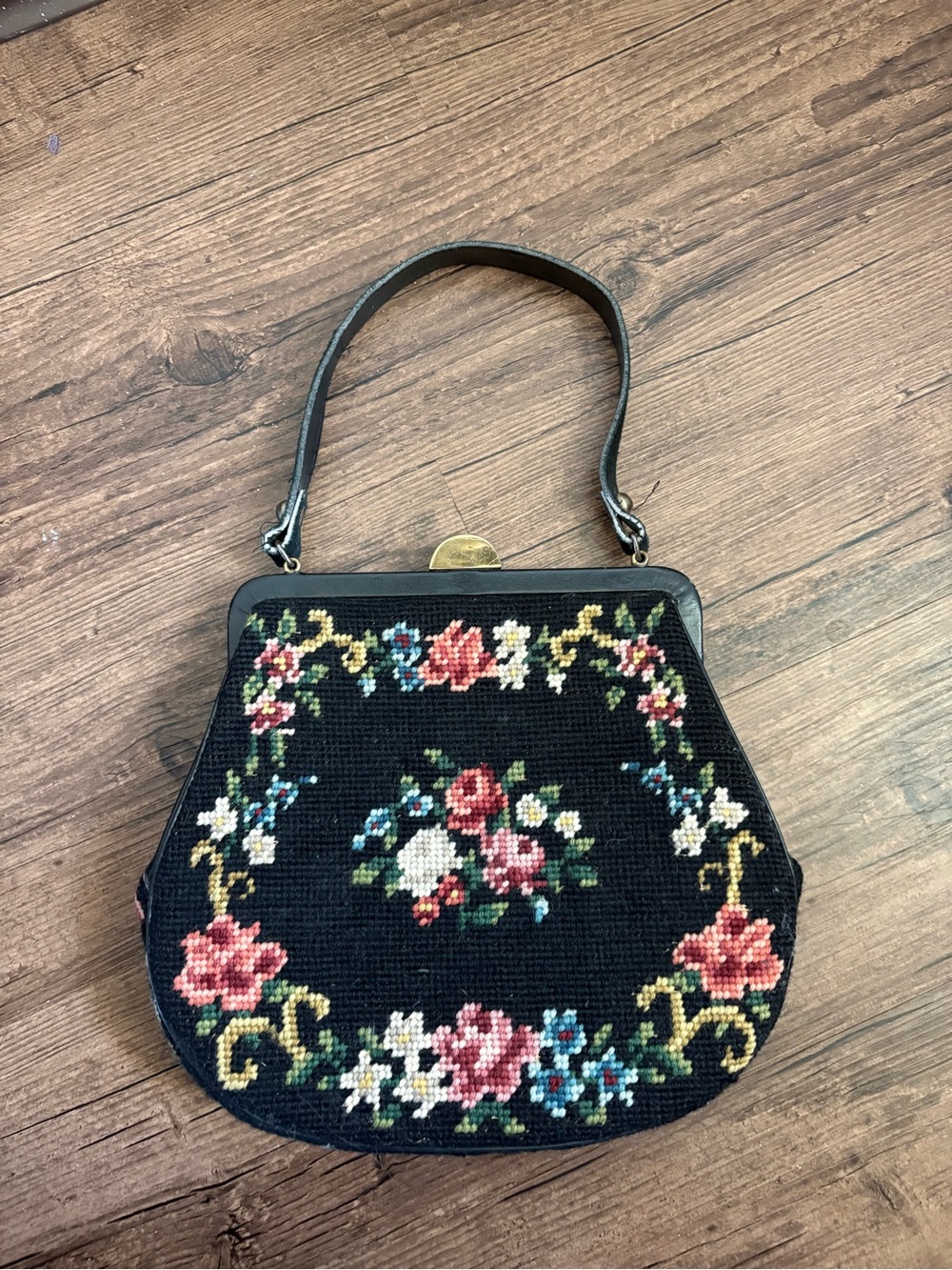 Black Floral Needlepoint Shoulder Bag with Vintage Clasp